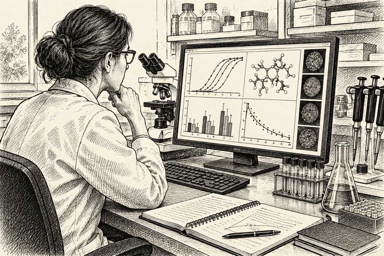Researcher analyzes drug development data in lab