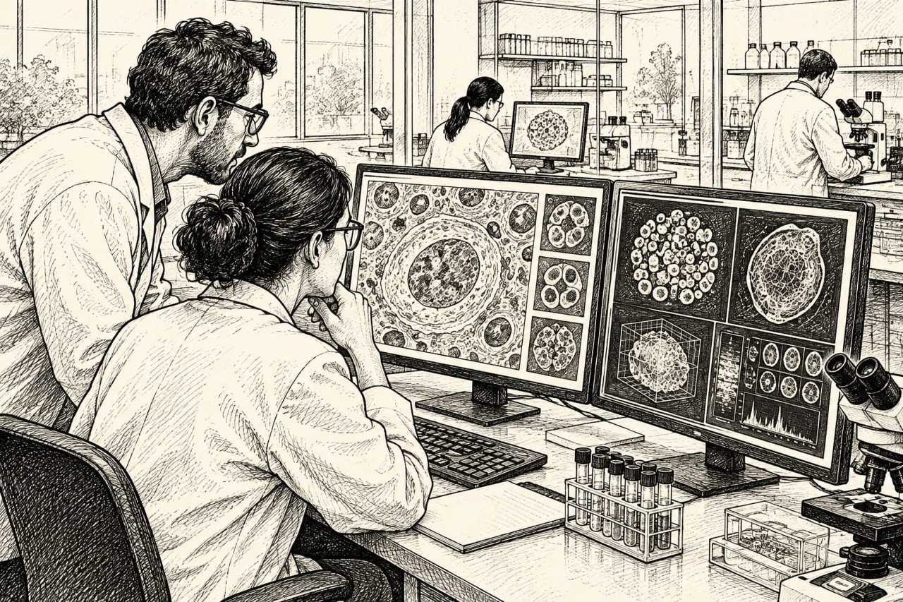 Researchers analyze data patterns on laboratory screens
