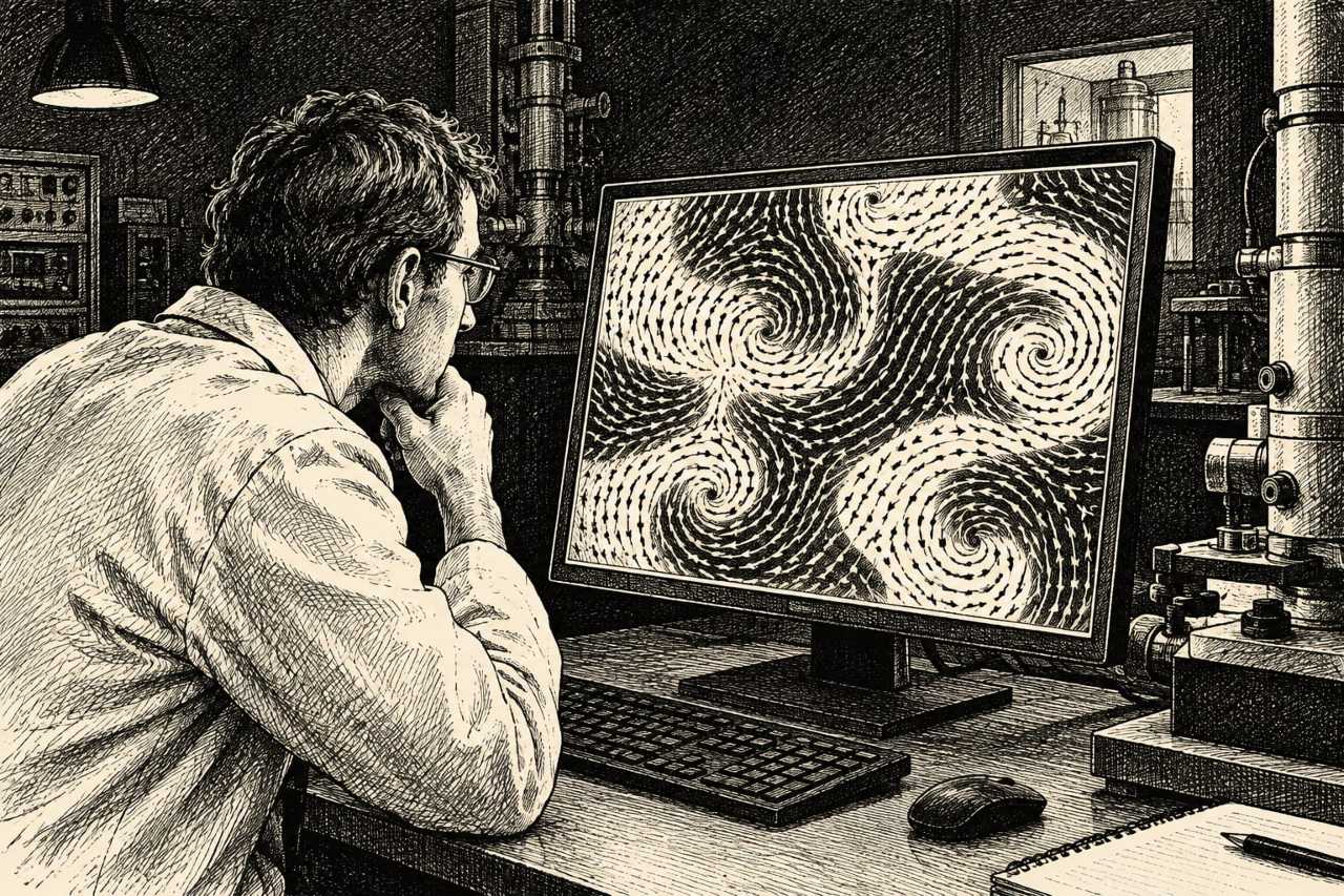Researcher studies magnetic imaging data on screen.