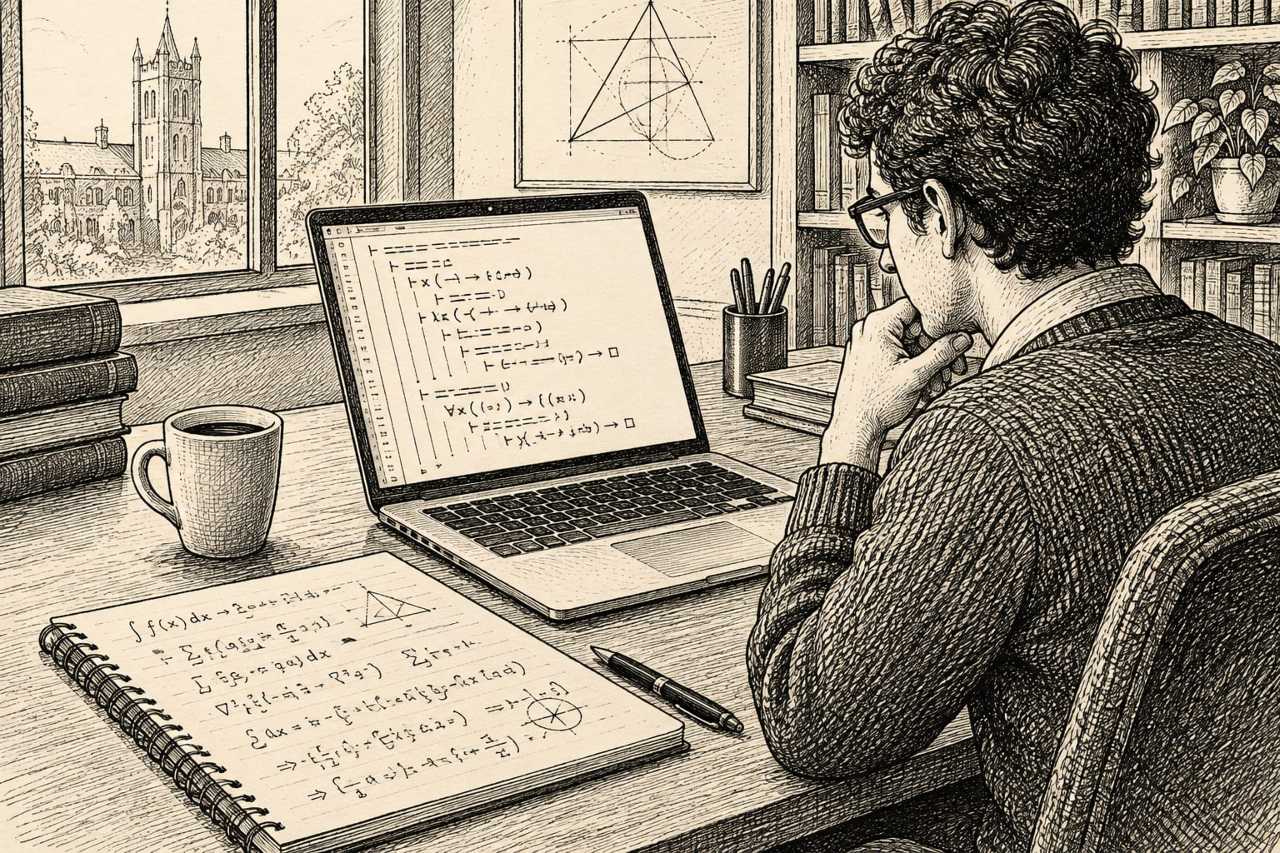 Researcher's desk with proof notes and laptop