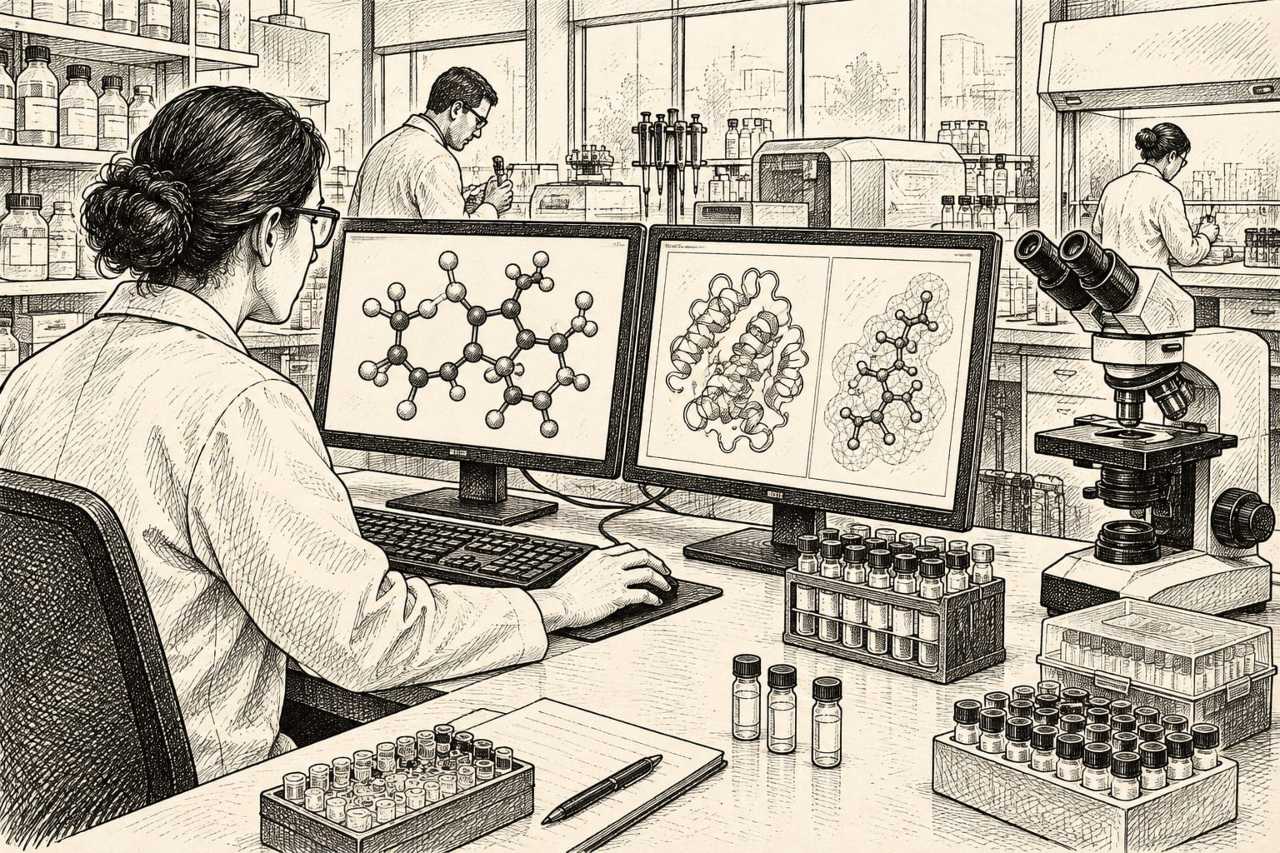 Lab workstation showing molecular modeling software and equipment