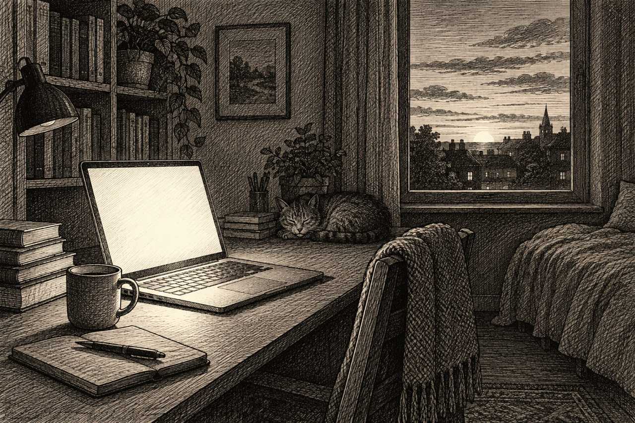 A laptop rests quietly in a dim, calm room